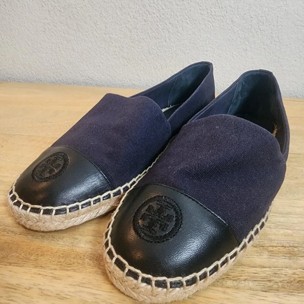 Tory Burch Shoes Womens Size 8 Navy Black Espadrille Flats Leather Cap Toe Logo